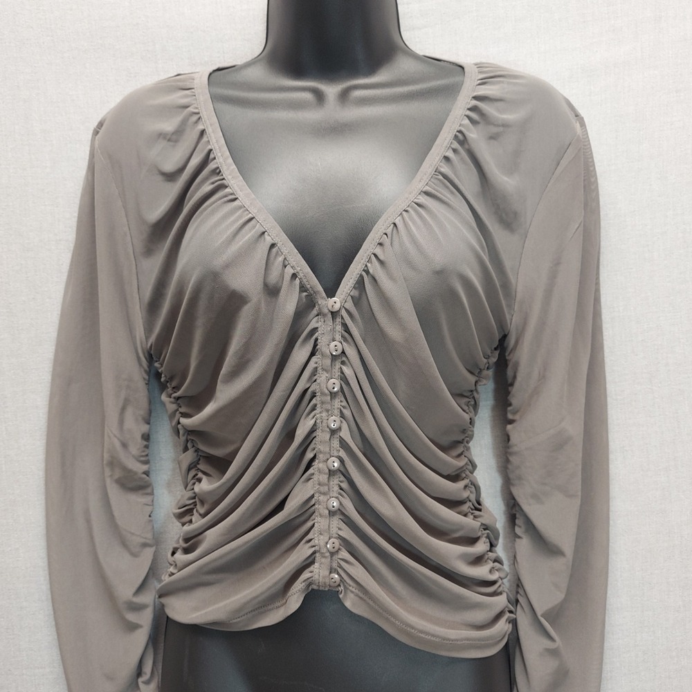 Y2K Mesh Ruched Button Front Top Women XL Gray Fairy Grunge Coquette Stretch - Picture 2 of 12